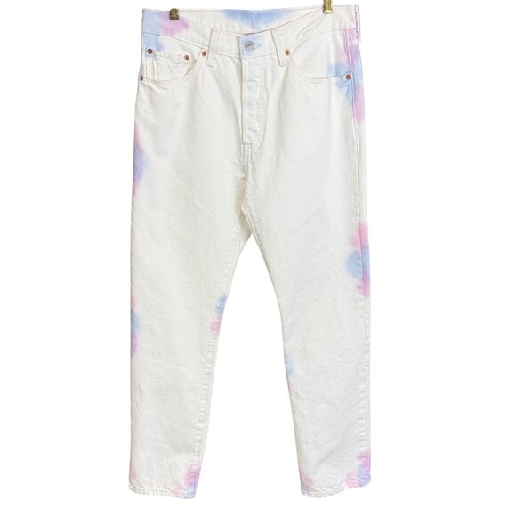 Levis 501 Jeans Unisex W31 L30 White Cotton Tie-Dye Button Fly Straight Fit - Picture 1 of 11